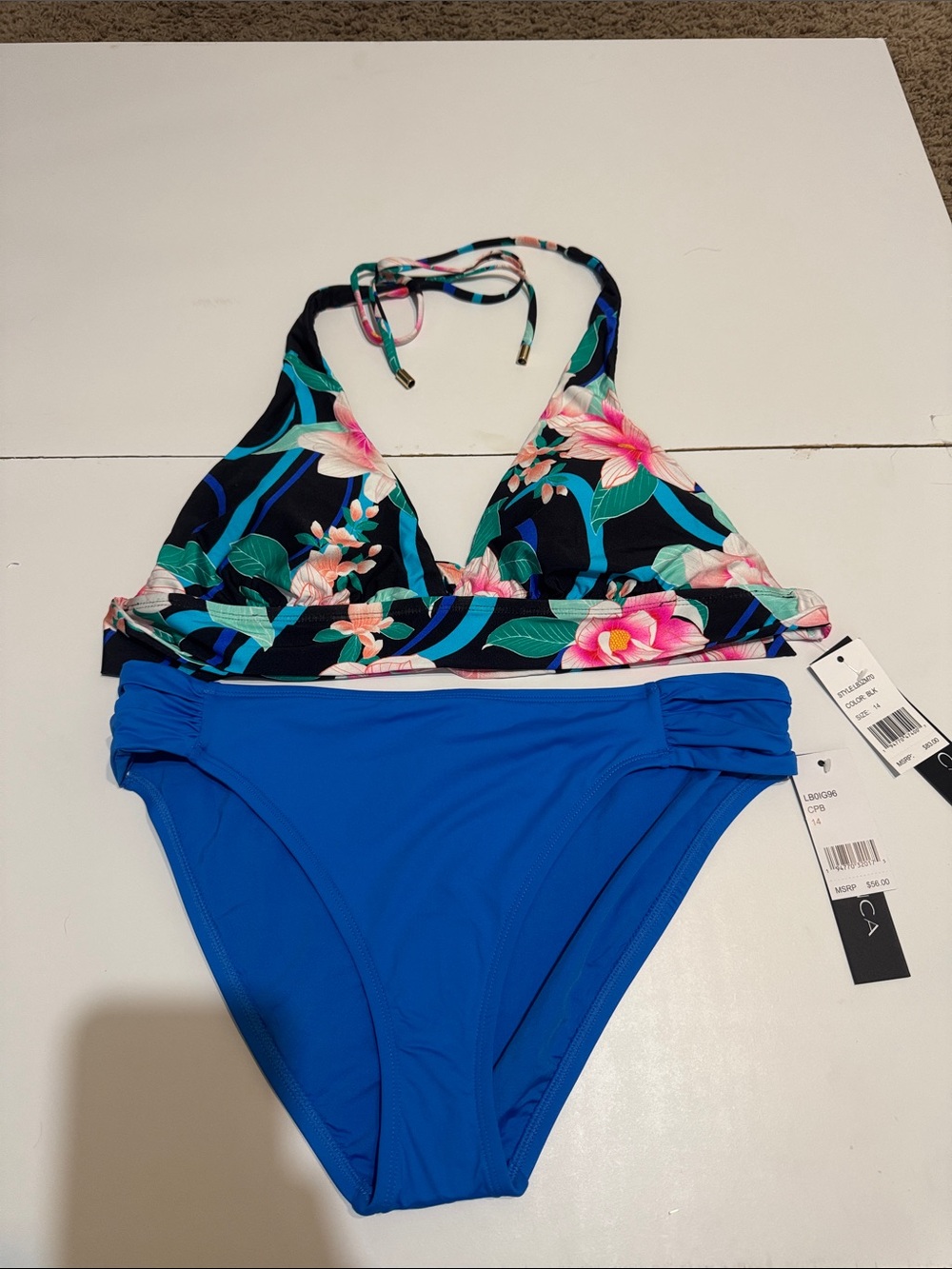 La Blanca Black Floral Halter Top with Blue Bikini Bottoms
